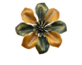 Fall Colors Vintage Flower Pin Brooch Enameled Orange Gold Green Autumn Colors
