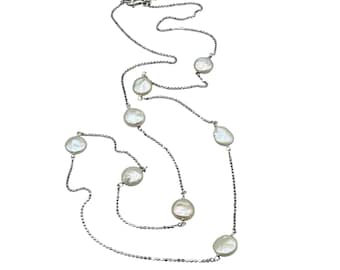 HONORA Pearls Station Necklace Long Sterling Silver 925 30" Chain With Genuine Pearls