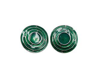 Berebi Vintage Green Enamel Silver Tone Round Clip-On Earrings 1" Diameter