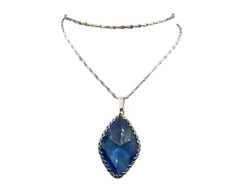 Vintage Blue Czech Glass Pendant Necklace Art Deco Older Diamond Shaped