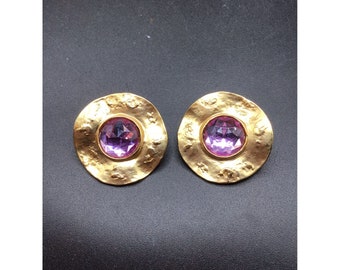 80s Oversized Earrings Matte Gold Tone & Purple Stone Acrylic Faceted Cabochons
