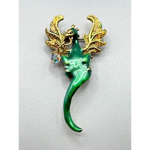 Signed Kirks Folly Dragon Pin Brooch Green Enamel Folly Dust Crystal Bead Dangle