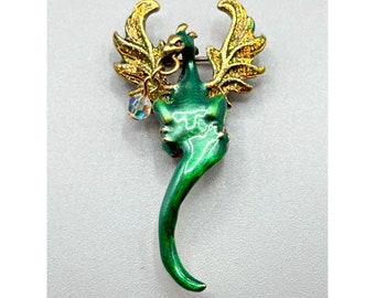 Signed Kirks Folly Dragon Pin Brooch Green Enamel Folly Dust Crystal Bead Dangle
