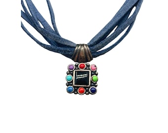 Sterling Silver Pendant Necklace Black And Multi Color Stones Blue Leather Cord