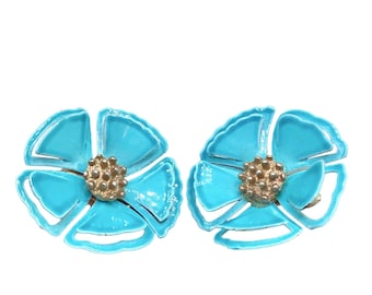 Teal Blue Enamel Flowers Earrings Clip On Flower Power 70s Fun Colorful Jewelry