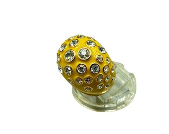 Vintage 90s Yellow Enamel Ring Size 6 Gold Tone and Rhinestones Domed Ring