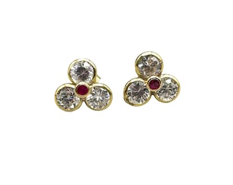 18K Gold Flower Earrings with Clear CZ & Red Stone Center Pierced Studs
