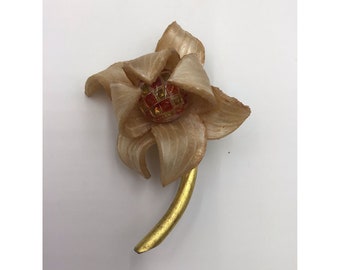 FABRICE Paris Fabulous Flower Stem Brooch Beige Vintage Plastic High End Jewelry