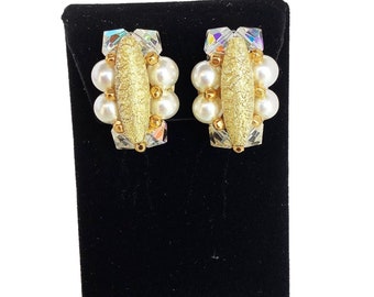 Vintage Clusters Earrings Textured Elongated Gold Beads w Pearls & Crystal Beads
