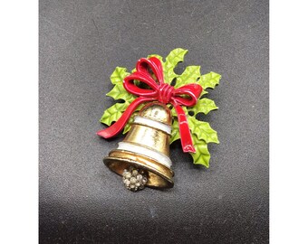 Christmas Holiday Bell Brooch Articulated Bell with Enamel Holly Leaf Pin