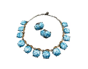 Vintage Blue Thermoplastic Necklace And earrings Set Blue Mottled Plastic Stones