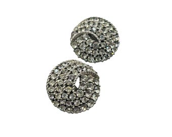 Vintage Trifari Rhinestone Spiral Clip On Earrings 1" Round Silver Tone Round