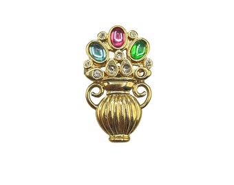 Vintage Gold Tone Flower Urn Brooch with Jewel Tone Cabochon Vase Design
