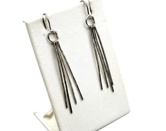 Sterling Silver Dangle Earrings  Hammered Primitive Design Long Hooks