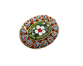 Vintage Italian Mosaic Pin Brooch Oval Green Blue Red Glass Tiles Flower Design