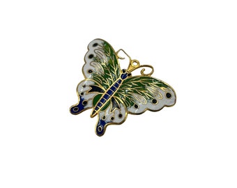 Vtg Butterfly Brooch Oriental Enamel Cloisonne White Green Blue Colorful Wings