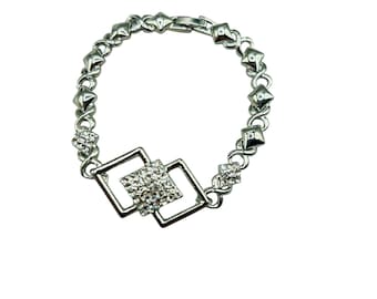 Silver Tone Chain Bracelet With Clear Crystals 7" Long