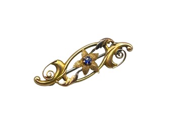 Antique 9kt 375 Gold Floral Brooch with Blue Gemstone Accent Bar Pin