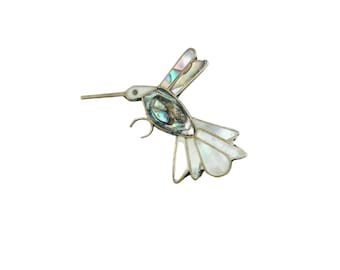 Vintage Alpaca Silver Mexico Hummingbird Pin Brooch with Abalone Shell Inlay