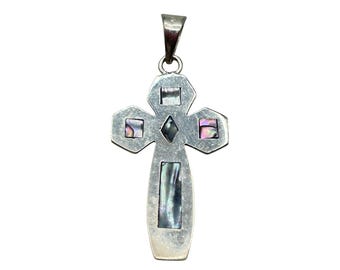 Vintage Abalone Shell Cross Pendant: Made in Mexico Alpaca Silver