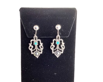 Hematite and Ballottini Clip On Earrings AVON Signed Dangles Clips Silver Tone