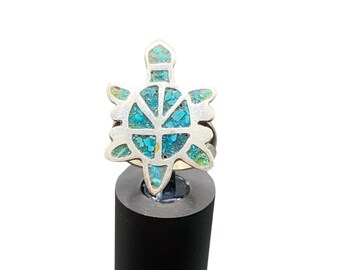 Vintage Crushed Turquoise & Sterling Silver Turtle Ring Southwestern Size 5