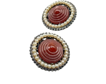 Vintage Clip On Earrings Brown Glass Pointy Stones and Faux Pearls Round Clips