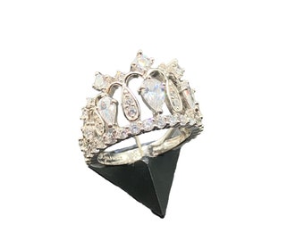 Sterling Silver CROWN Ring Size 7 CZ 925 PAJ Tiara Ring Fancy Jewelry