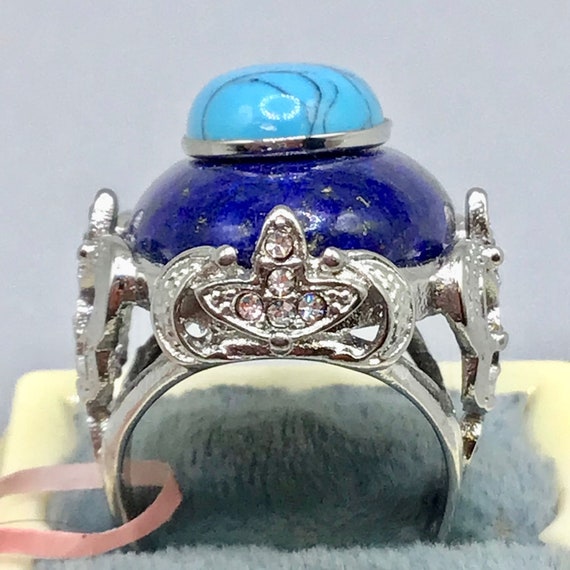 Lapis Lazuli & Turquoise Stone Ring Size 8 Semi P… - image 4