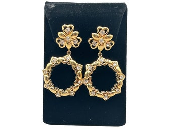 Signed NINA RICCI Vintage Clip On Dangles Earrings Gold Tone & Rhinestones Drops