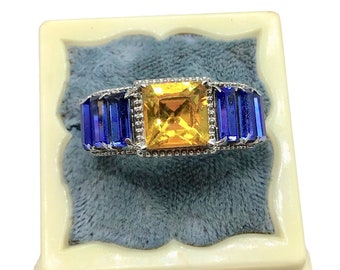 Simulated Gemstones Ring Size 8 Blue & Citrine Glass Stones Silver Tone Band