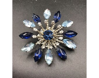 Vintage Rhinestones Flower Brooch Blue Navette Marquise Stones Silver Tone Pin