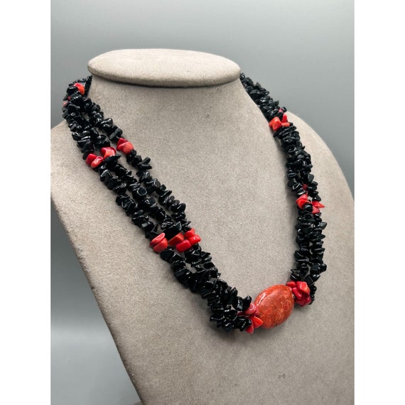 Vintage Black Onyx and Red Sponge Coral Necklace … - image 5