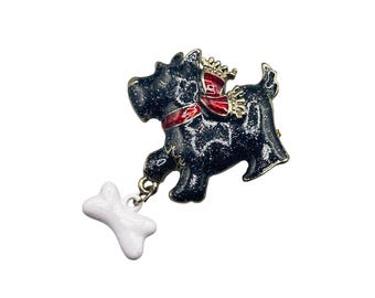 Vintage Enamel Scottie Scottish Terrier Dog Bone Brooch Pin Black Enamel Red Bow