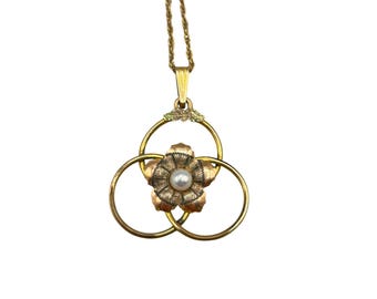 Dainty Gold Filled pendant necklace with genuine pearl accent - intersecting circles with flowers