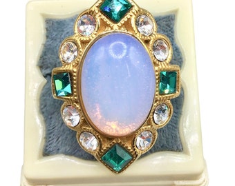 Opalescent Glass Cabochon Ring Size 8 Clear and Green Rhinestones On Gold Tone