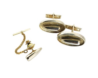 Bullet Design Cufflink Tie Tack Set Man Accessory Gold Tone Cuff Links Tack Pin