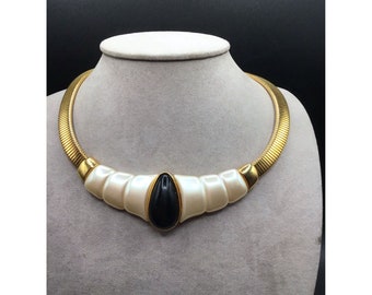 Fancy Omega Snake Coil Necklace Faux Mother of Pearl & Black Drop Shape Stone