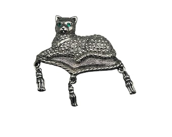 Cat On Pillow Pin Brooch Silver Color with Green Eyes Dangling Tassels Avon Pin