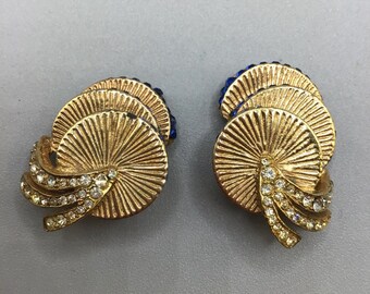 Signed VITOGE Clip Earrings Gold Tone & Blue Rhinestones Quality Costume Jewelry