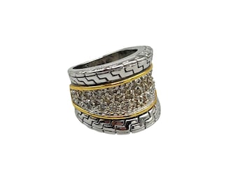 Two Tones Gold and Silver Color Wide Ring Size 6 Concave Design with Rhinestones