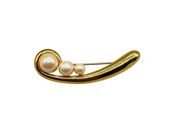 Monet Gold Tone Brooch w Faux Pearl Accents Abstract Modern Design Classic Pin
