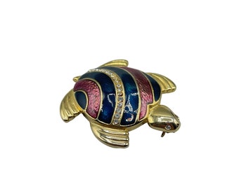 Vintage 80s Turtle Pin Brooch Gold Tone & Enamel with Rhinestone Animal Pin