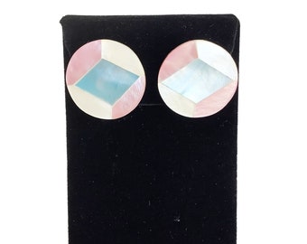 Pastel Colors MOP Inlay Clip On Earrings Round Buttons Earrings Geometric Design