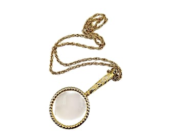 Vintage Magnifying Glass Pendant Necklace Gold Tone Long Chain