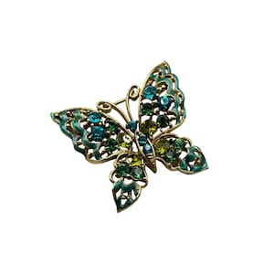 Vintage Enamel & Rhinestone Butterfly Brooch Gold Tone Green Blue Insect Jewelry