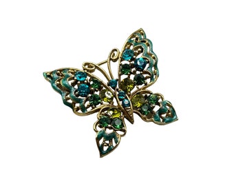 Vintage Enamel & Rhinestone Butterfly Brooch Gold Tone Green Blue Insect Jewelry