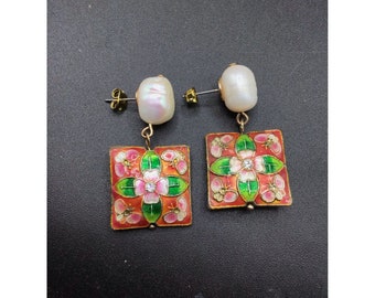 Pearls Dangle Earrings Cloisonne Enameled Square Beads Studs Flower Design