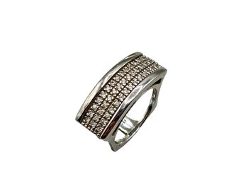 Small Sterling Silver Ring Size 5 Geometric Design Clear CZ Stones Pave Bling