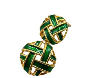 Vintage Green & Gold Woven Clip On Knot Earrings 1 Inch Criss Cross Design